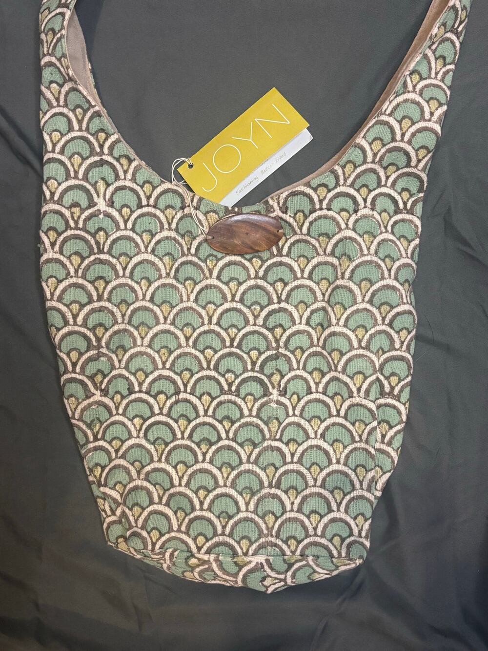 JOYN India Handmade Hobo Shoulder Bag Green Block Print Handwoven Cotton NWT